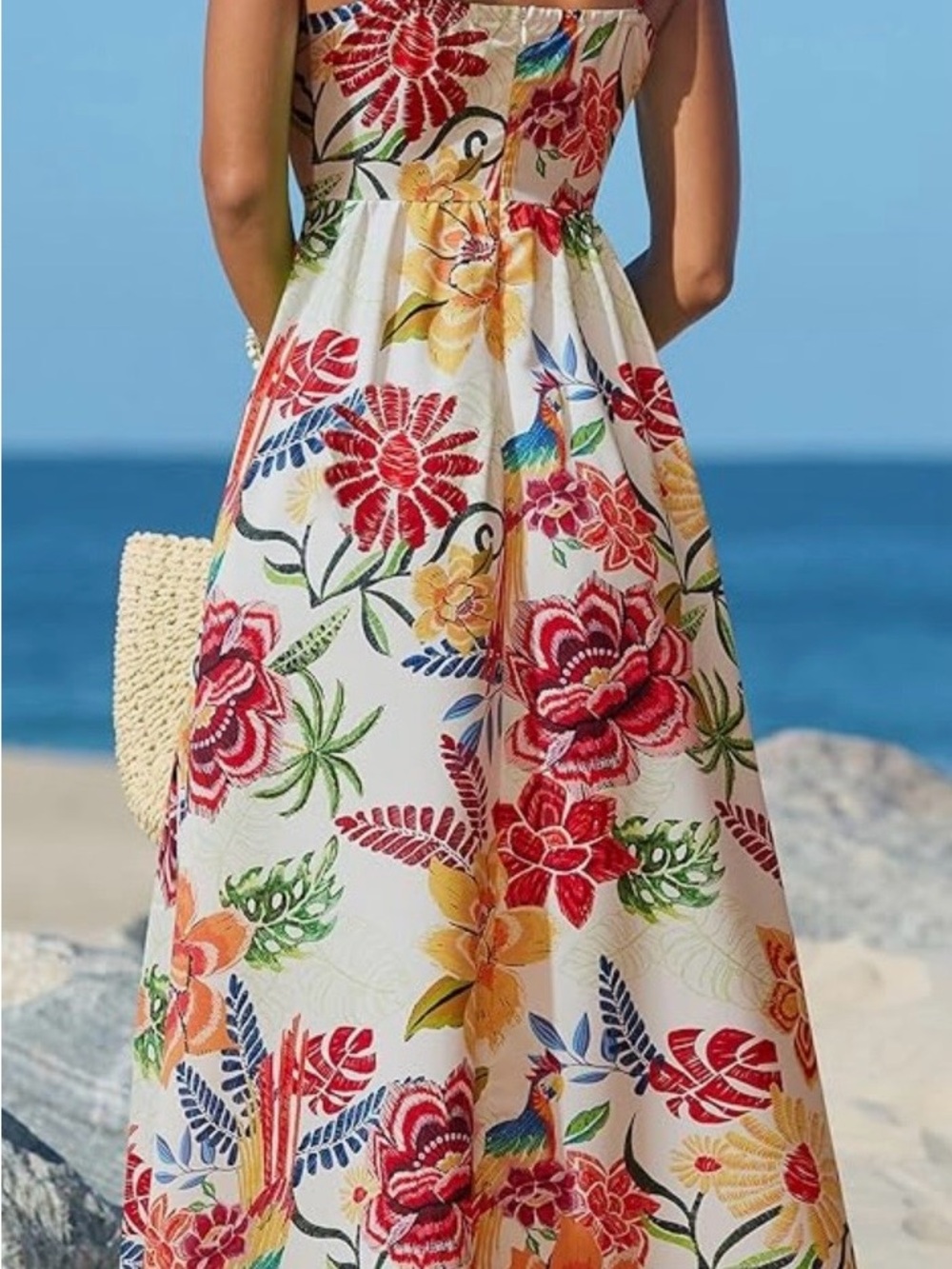 Cupshe White Maxi Skirt with Bright Floral & Multicolor Bird Print - Picture 2 of 5